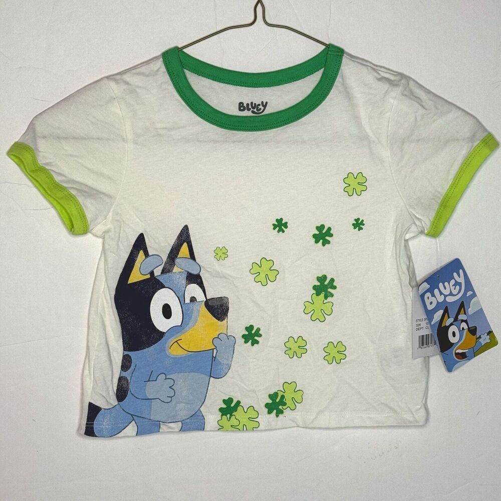 Disney Bluey Ringer White & Green Shamrock Short Sleeve Cropped T-shirt NEW!